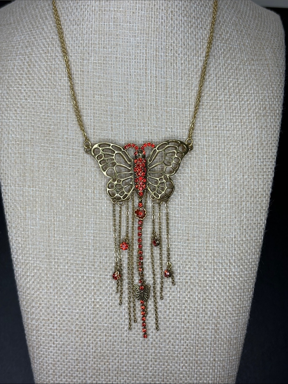 Pilgrim Antique Gold Butterfly Necklace with Red Accents